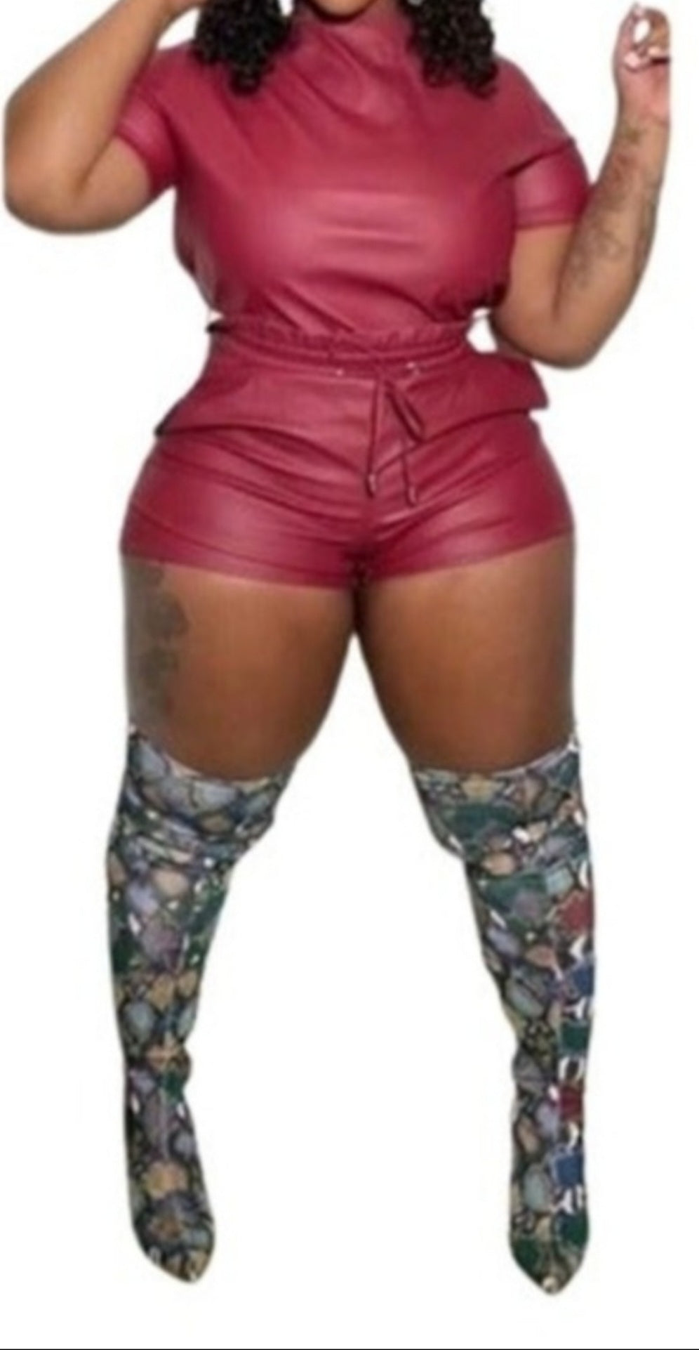 FAUX LEATHER TWO PIECE SHORTS SET